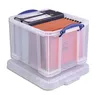 A transparent storage box with a blue lid and handles, filled with files and video tapes, placed on a matching transparent base. Produktbild-Vorschau
