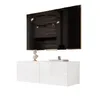 A white, high-gloss TV cabinet with a wall-mounted black flat-screen TV on top. A small bust is on the left of the cabinet, and a book and candle are on the right. Voir les images du produit