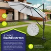 A white cantilever umbrella is shown in a garden setting, with a house in the background. The image includes text overlays highlighting product features. Produktbild-Vorschau
