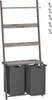 A ladder-style shelf unit with two dark gray laundry bins underneath, set against a white background. The shelves have a weathered wood finish. Several metal hooks are visible to the right of the unit. Produktbild-Vorschau