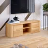 A modern living room with a wooden TV stand and a large TV mounted on a patterned wall. Produktbild-Vorschau