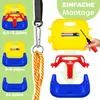 Collage showing different stages and components of a baby swing, with text indicating assembly and age recommendations. Produktbild-Vorschau