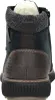 The back view of a blue leather boot with a brown heel and a gray knitted collar. Voir les images du produit