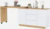A white and oak-colored multifunctional desk with a sideboard and three drawers, decorated with a shell sculpture, a vase of pink flowers, books, candlesticks, and a lamp. Voir les images du produit