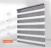A close-up of a grey and white striped roller blind, with icons and text overlaid on the left side. Produktbild-Vorschau