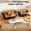 Two air fryers of different sizes are displayed on a wooden surface, with food inside and text overlays describing their features and capacities. Produktbild-Vorschau