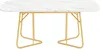 A white marble-look oval dining table with gold metal legs, shown from the front. Anteprima dell’immagine prodotto