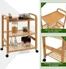 A bamboo kitchen cart with three shelves, filled with various food items and bottles, shown with close-up insets highlighting its features. Podgląd zdjęcia produktu