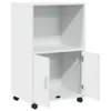 A white rolling cabinet with two doors open, showing two shelves and wheels. Voir les images du produit