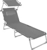 A gray foldable sun lounger with a canopy and headrest is shown against a white background. Náhled obrázku produktu
