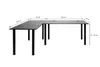 A black L-shaped desk with dimensions indicated by text overlays. Produktbild-Vorschau