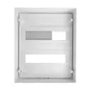 A white electrical distribution box with mounting points and internal rails for circuit breakers. Produktbild-Vorschau