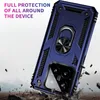 A blue phone case with a ring holder is shown in a dynamic, action-oriented scene with debris flying around it, suggesting durability and protection. Produktbild-Vorschau