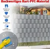 A fence made of grey PVC material with various icons and text highlighting its features, set against a backdrop of a house and lawn. Produktbild-Vorschau