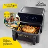 A family is shown eating, with an air fryer in the foreground. Produktbild-Vorschau
