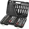 A black plastic tool case filled with various metal tools, including sockets, ratchets, and extensions. Produktbild-Vorschau