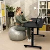 A woman is working on a laptop while sitting on an exercise ball at a standing desk in a home office. Produktbild-Vorschau