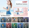 A woman is posing on a beach, holding a drink, with a pink digital camera displayed next to her. Below are examples of different filter effects. Produktbild-Vorschau