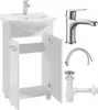 A white bathroom vanity with a sink, faucet, and plumbing accessories, laid out for display. Anteprima dell’immagine prodotto