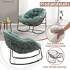 A collage of images showcasing a green rattan rocking chair with a steel frame, highlighting its features and materials. Produktbild-Vorschau