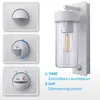 A collage showing a wall-mounted light fixture with a motion sensor and close-ups of the sensor's adjustment dials, along with text describing its features. Produktbild-Vorschau