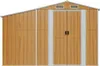 A front view of a wooden-look metal shed with double doors and ventilation grilles. Náhled obrázku produktu