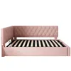A pink upholstered bed frame with a tufted headboard and a slatted mattress base, shown from the side against a white background. Produktbild-Vorschau