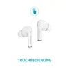 Two white wireless earbuds with a touch control icon above them, and text indicating touch operation. Produktbild-Vorschau