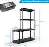 A black four-tier storage shelf unit with dimensions indicated by blue lines and text. Podgląd zdjęcia produktu