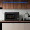 A black MEDION microwave is shown on a kitchen counter with wooden cabinets above and a marble backsplash. Produktbild-Vorschau