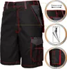A pair of black work shorts with red stitching and gray accents, shown with close-up insets highlighting features like stretch fabric, a zipper, and pockets. Produktbild-Vorschau