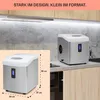 An ice maker is shown on a kitchen counter, with a smaller inset image showing its dimensions. Produktbild-Vorschau