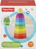 The image shows the packaging of a Fisher-Price Stack & Roll Cups toy, with a circular graphic displaying the toy stacked and a smaller inset showing a hand interacting with one of the cups. Produktbild-Vorschau