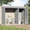 A garden shed with a bicycle and gardening tools inside, set in an outdoor environment with grass and trees. Produktbild-Vorschau