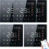 A collage of smart thermostat displays and a hand holding a smartphone showing a thermostat app. Produktbild-Vorschau