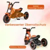 Two images of an orange and black children's tricycle, with text overlays highlighting features. Produktbild-Vorschau