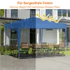 A blue pop-up canopy tent set up over a table and chairs on a patio, with one side showing rain and the other side showing sunshine. Produktbild-Vorschau