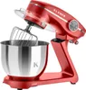 A red stand mixer with a stainless steel bowl and whisk attachment is shown against a white background. Produktbild-Vorschau