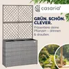 A marketing image showcasing a grey rattan-effect planter with a trellis, featuring text and lifestyle images of gardens. Anteprima dell’immagine prodotto