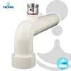 A white plumbing fitting with a silver threaded connector and a red ring, set against a white and light gray background with abstract shapes. Produktbild-Vorschau
