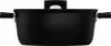 A black cooking pot with a lid and handles is shown from the front against a white background. Podgląd zdjęcia produktu