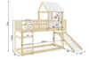 A diagram of a wooden bunk bed with a slide and a small playhouse on top, showing various dimensions and weight capacity. Produktbild-Vorschau