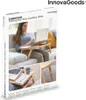 A collage of images showing a woman using a folding bamboo auxiliary table on a couch, a close-up of the table with a laptop and drawer, and a detail of the table's adjustable leg. Produktbild-Vorschau