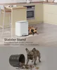 A dog is shown interacting with a trash can in two different scenes, one in a kitchen and one on a plain background. Produktbild-Vorschau