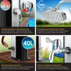 A collage of four images showcasing features of a solar garden shower. Produktbild-Vorschau
