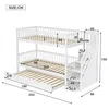 A diagram showing the dimensions of a white bunk bed with a pull-out trundle bed and stairs. Náhled obrázku produktu