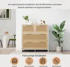 A chest of drawers with rattan-style fronts is shown in a room setting, with text overlays highlighting its storage capacity and features. Podgląd zdjęcia produktu