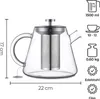 A product shot of a glass teapot with a metal infuser, surrounded by informational graphics. Produktbild-Vorschau