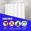 A shower curtain rod with a white shower curtain, overlaid with marketing text and icons. Produktbild-Vorschau
