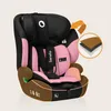 A pink and black car seat with brown accents, shown against a light beige background. An orange arrow points to a magnified view of the seat's layered material. Podgląd zdjęcia produktu